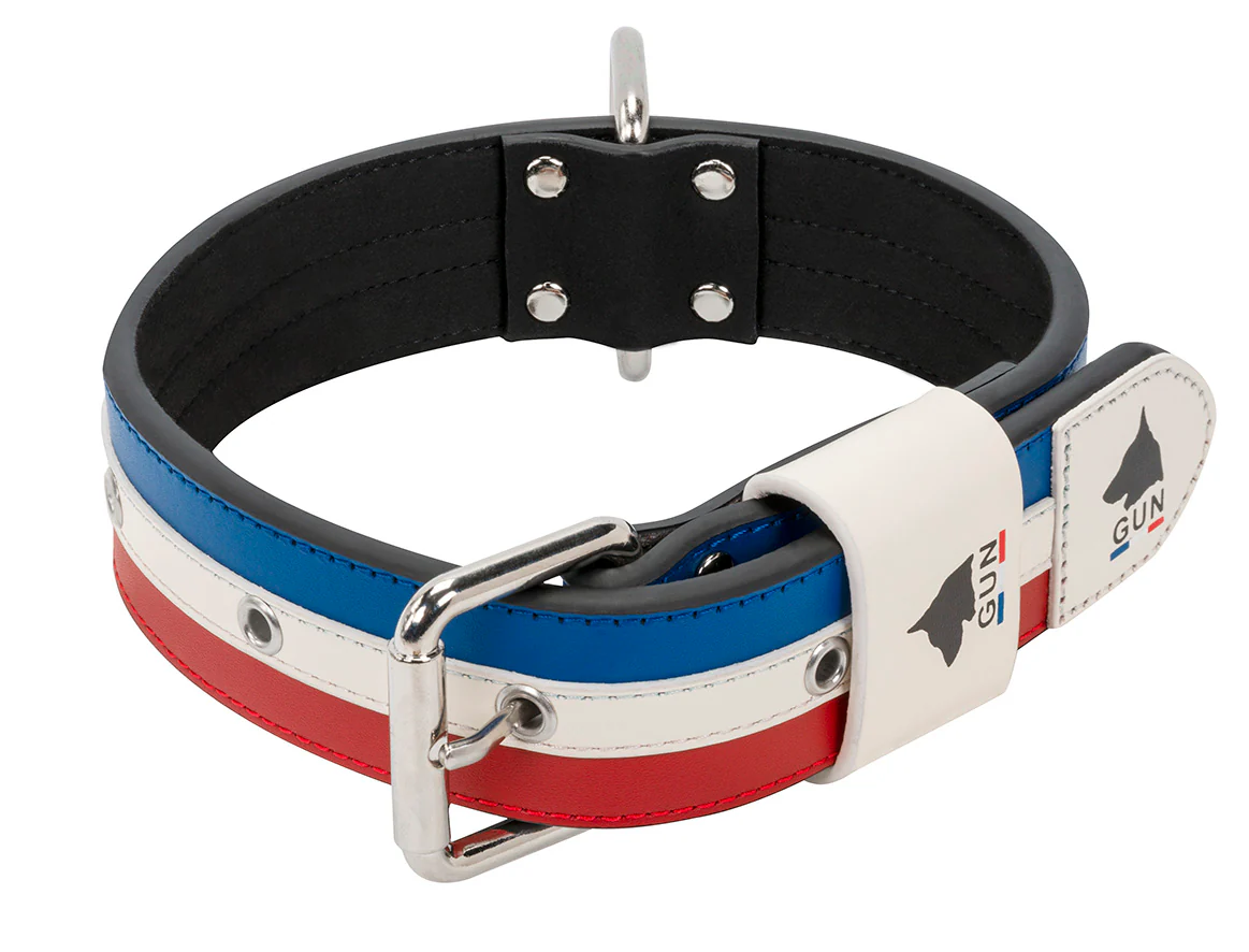 Collier Cuir Bleu Blanc Rouge Large pour chien - Image 4